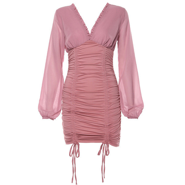 Női ruha V-nyakú, fűzős fekete és rózsaszín színben