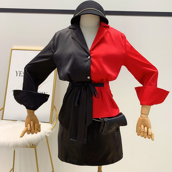 Fekete és piros női ing aszimmetrikus modellje