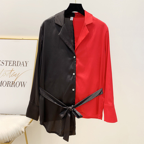 Fekete és piros női ing aszimmetrikus modellje