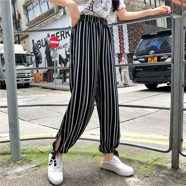 Pantaloni casual dama - in doua culori cu talie inalta