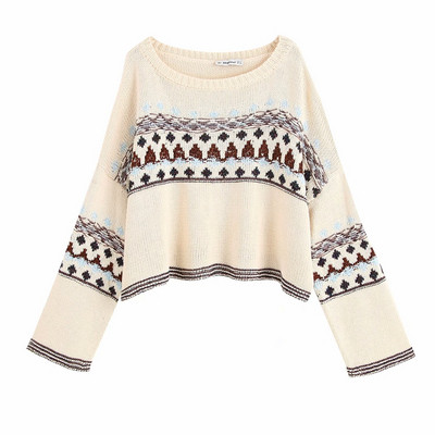 Rövid, bézs színű, hosszú ujjú pulóver mintával