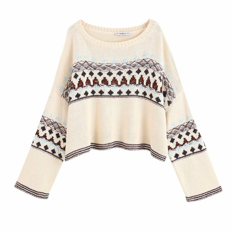 Rövid, bézs színű, hosszú ujjú pulóver mintával