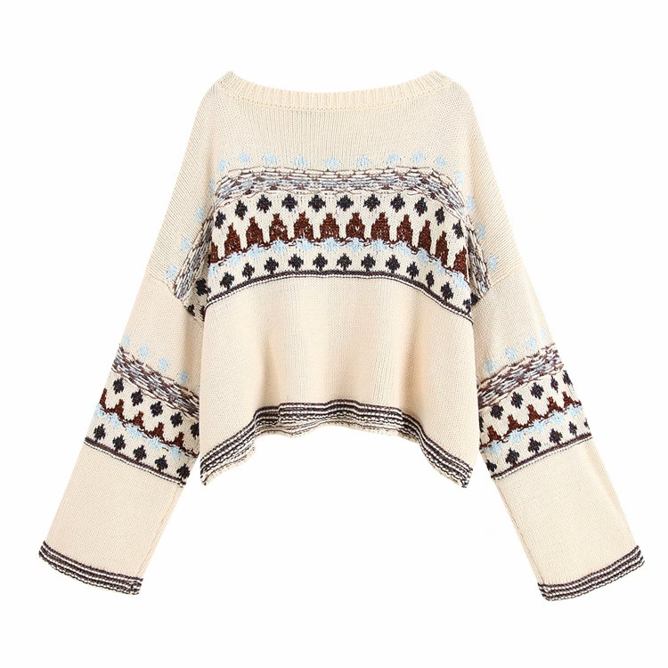 Rövid, bézs színű, hosszú ujjú pulóver mintával