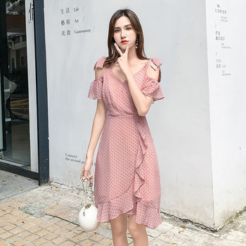 Rózsaszín pöttyös, lezser hosszú női ruha