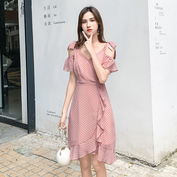 Rózsaszín pöttyös, lezser hosszú női ruha