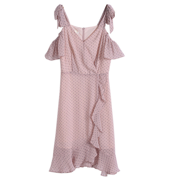 Rózsaszín pöttyös, lezser hosszú női ruha