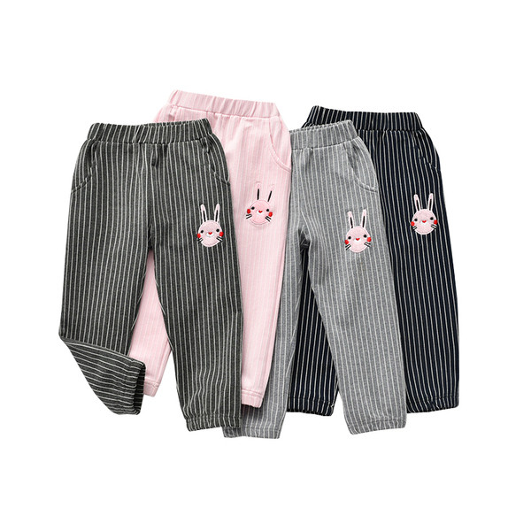 Pantaloni copii cu dungi pentru fete cu broderie si buzunare in mai multe culori