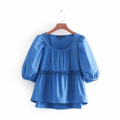 Bluză casual în albastru cu mâneci 3/4 și decolteu oval