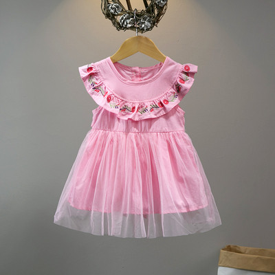 Стилна детска рокля за момичета с тюл и бродерия в розов и бял цвят