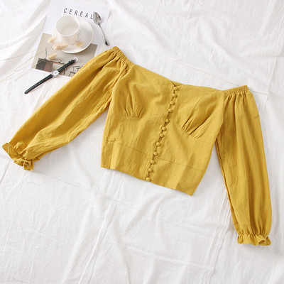 Modern női blúz csupasz vállval, fehér, fekete és sárga színben