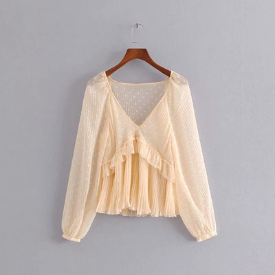 Bluză elegantă din șifon, cu mâneci lungi și decolteu adânc