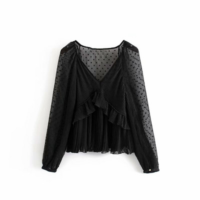 Bluză elegantă din șifon, cu mâneci lungi și decolteu adânc