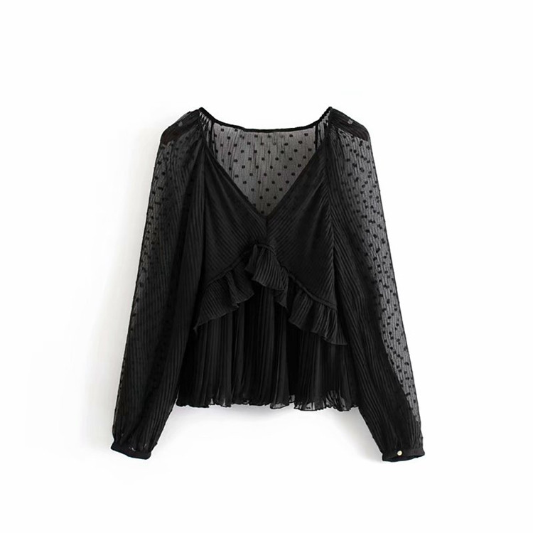 Bluză elegantă din șifon, cu mâneci lungi și decolteu adânc