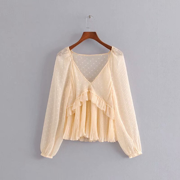 Bluză elegantă din șifon, cu mâneci lungi și decolteu adânc