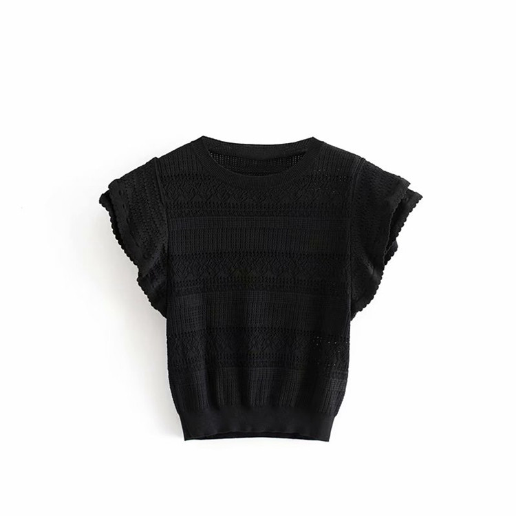 Vékony kötésből készült, rövid ujjú női blúz fekete színben