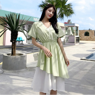 Lezser női hosszú ruha zöld és sárga színben