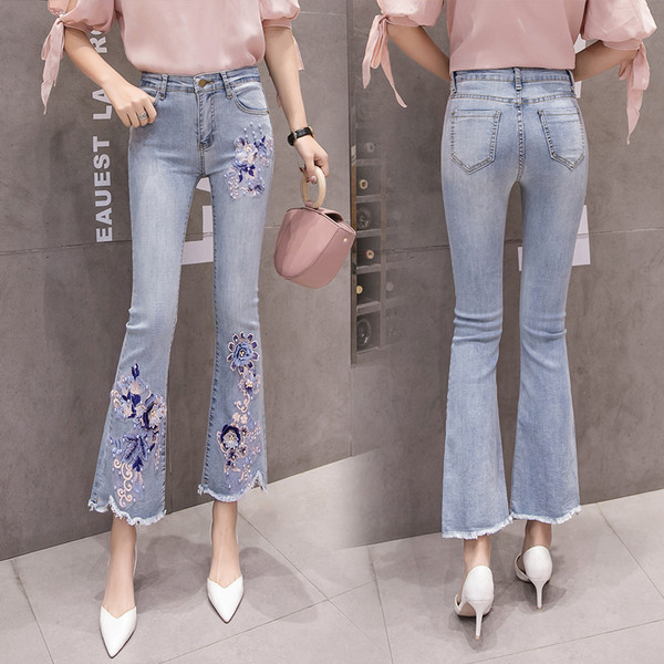 Blugi moderni de dama cu talie inalta cu broderie