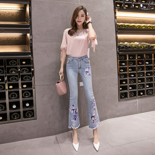 Blugi moderni de dama cu talie inalta cu broderie