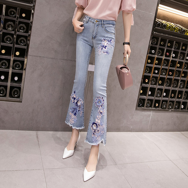 Blugi moderni de dama cu talie inalta cu broderie