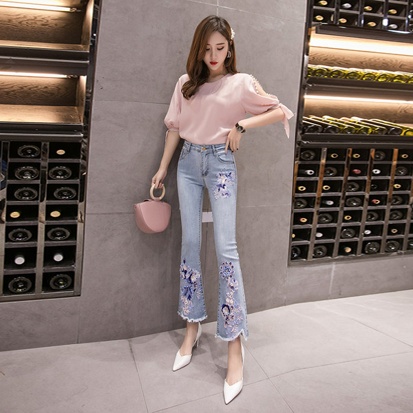 Blugi moderni de dama cu talie inalta cu broderie