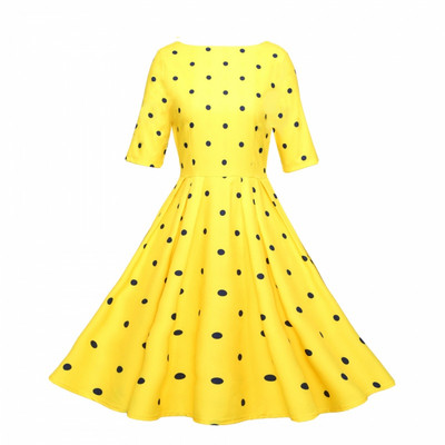 Modern, kivágott női ruha modell és 3/4 ujjú sárga színben