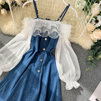 Rochie din denim model nou cu maneci cazute in culori deschise si inchise