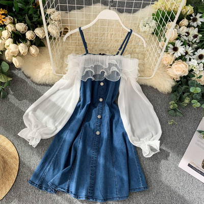 Rochie din denim model nou cu maneci cazute in culori deschise si inchise