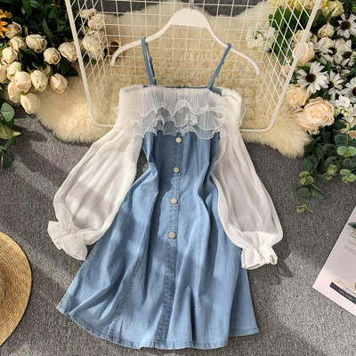 Rochie din denim model nou cu maneci cazute in culori deschise si inchise