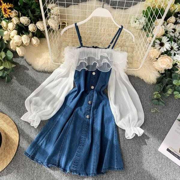 Rochie din denim model nou cu maneci cazute in culori deschise si inchise
