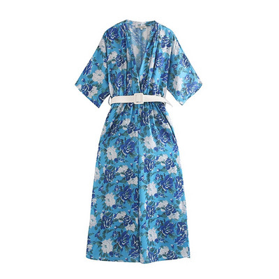 Salopeta lunga de dama cu curea albastra