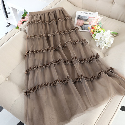 Fusta lunga de dama cu talie inalta si tul in mai multe culori