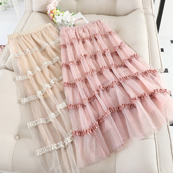 Fusta lunga de dama cu talie inalta si tul in mai multe culori