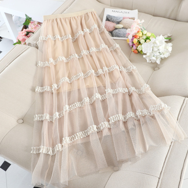 Fusta lunga de dama cu talie inalta si tul in mai multe culori