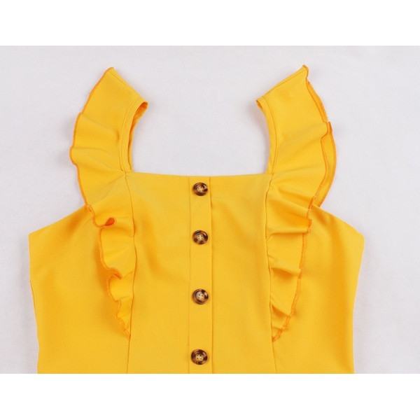 Rochie scurta de dama casual cu bretele subtiri de culoare galbena