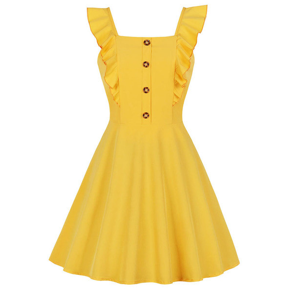 Rochie scurta de dama casual cu bretele subtiri de culoare galbena