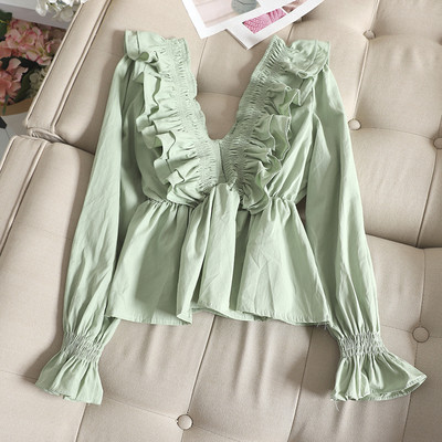 Bluză de damă elegantă cu mâneci lungi și decolteu în V în diferite culori