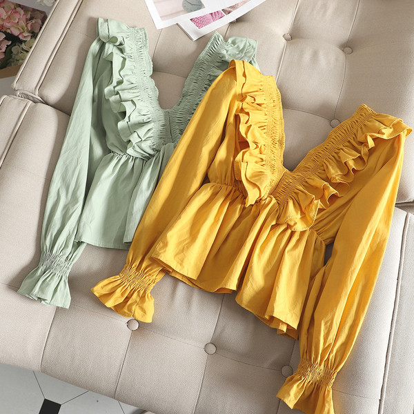 Bluză de damă elegantă cu mâneci lungi și decolteu în V în diferite culori