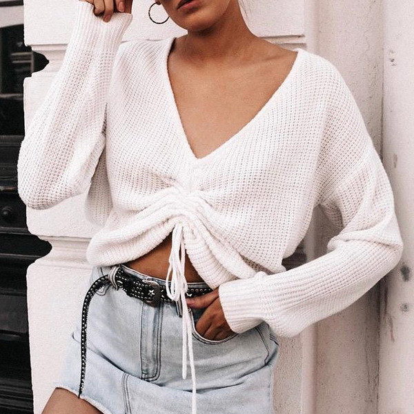 Modern női pulóver V-nyakú, fűzős fehér és kék színben