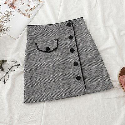 Kockás női szoknya két színben, gombokkal, magas derékkal