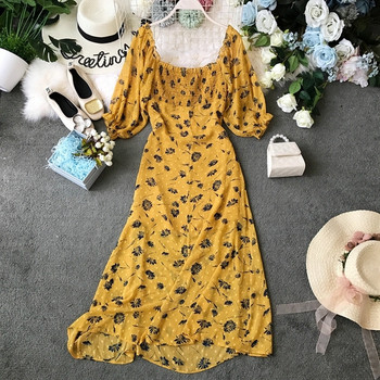 Rochie de dama actuala in galben cu model floral