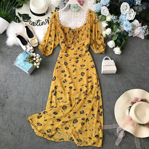 Rochie de dama actuala in galben cu model floral