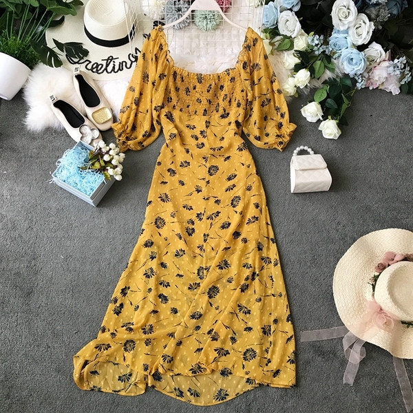 Rochie de dama actuala in galben cu model floral