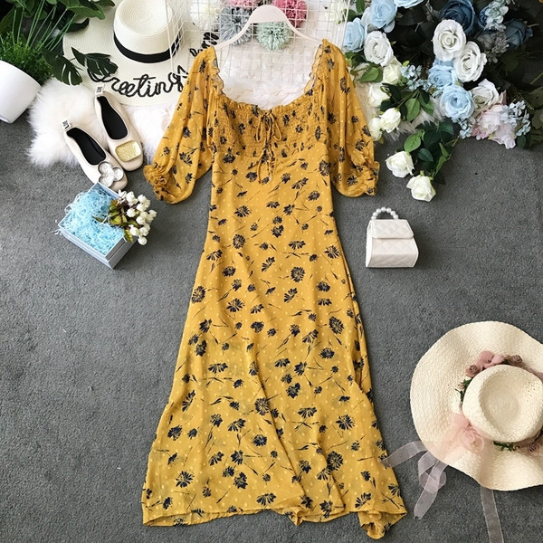 Rochie de dama actuala in galben cu model floral