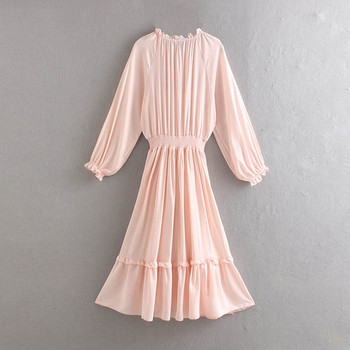 Rochie lunga cu talie elastica si maneci lungi