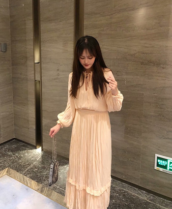 Rochie lunga cu talie elastica si maneci lungi