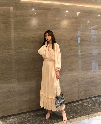 Rochie lunga cu talie elastica si maneci lungi