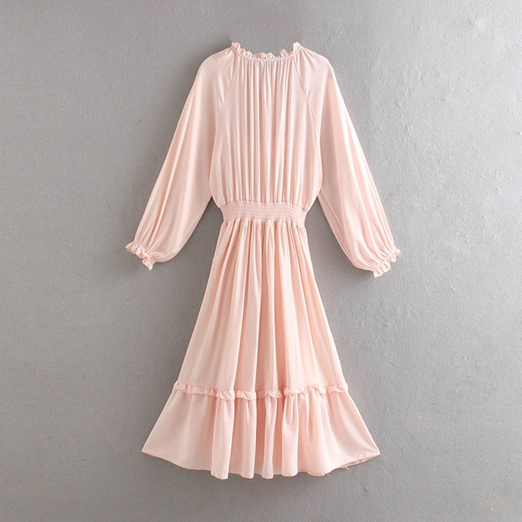 Rochie lunga cu talie elastica si maneci lungi