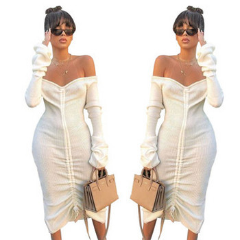 Alkalmi női ruha ejtett ujjakkal és megkötős fehér színben