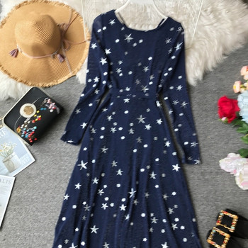 Rochie casual de dama in albastru si maneci lungi