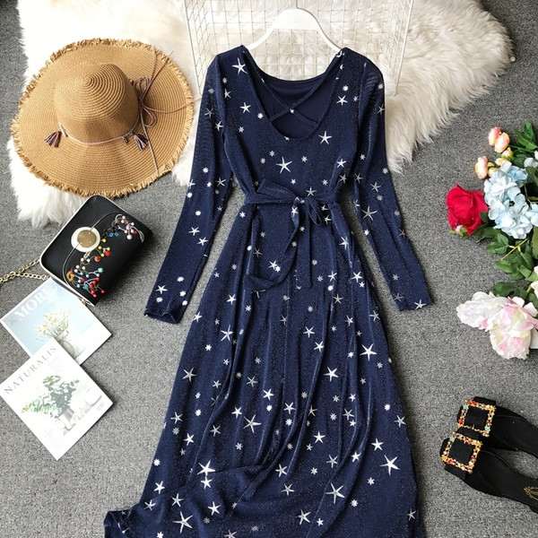 Rochie casual de dama in albastru si maneci lungi